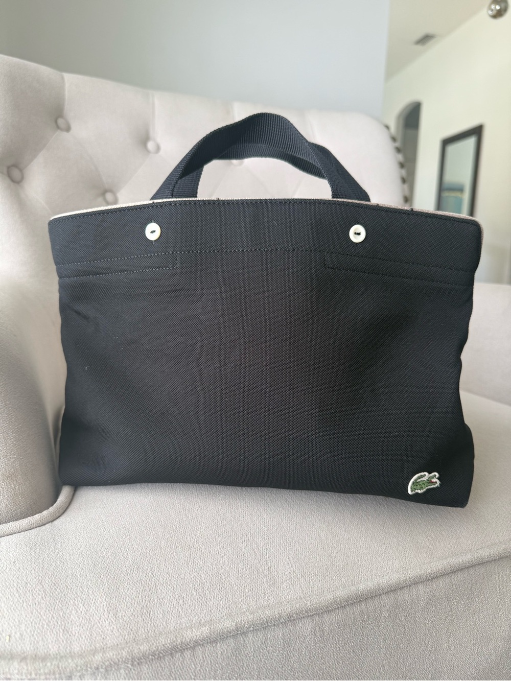 Lacoste Black Canvas Tote with Subtle Green Croc Logo Shoulder Bag